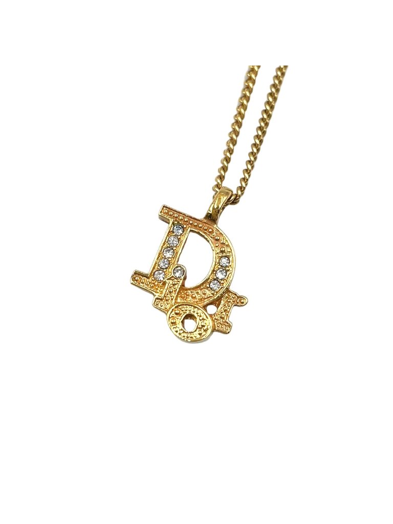 Dior Logo Rhinestone Color Stone Clear Gold Necklace